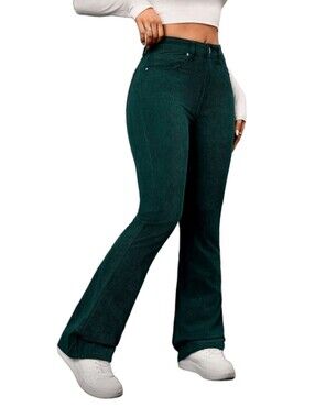 SHEIN High-Waist Dark Green Bootcut Corduroy Pants